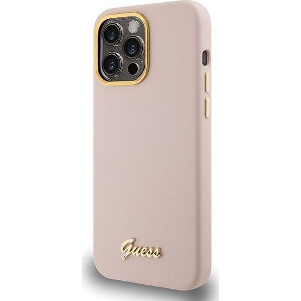 Coque Guess iPhone 15 Pro 6.1" pink hardcase Silicone Script Metal Logo & Frame