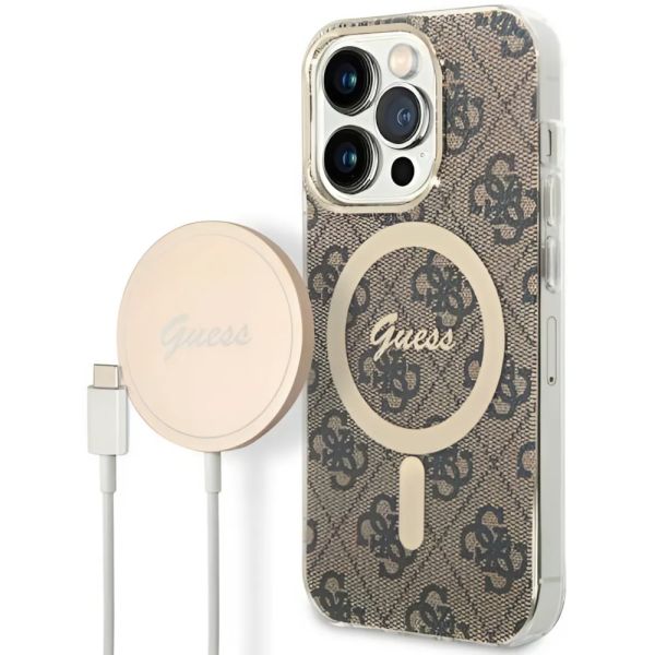 Coque Guess iPhone 14 Pro 6,1" brown hard case 4G Print MagSafe + Chargeur sans fil