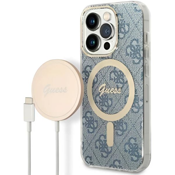 Coque Guess  iPhone 14 Pro 6,1" blue hard case 4G Print MagSafe + Chargeur sans fil