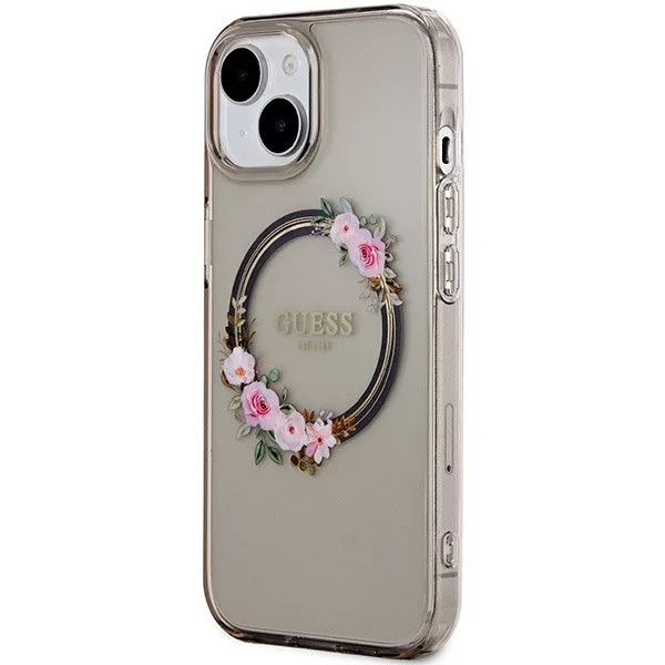Coque Guess iPhone 15/14/13 6.1" black hardcase IML Flowers Wreatch MagSafe