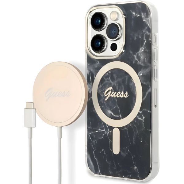 Coque Guess iPhone 14 Pro 6,1" black hard case Marble MagSafe + Chargeur sans fil