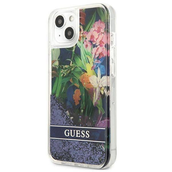 Coque Guess iPhone 13 mini 5,4" blue hardcase Flower Liquid Glitter