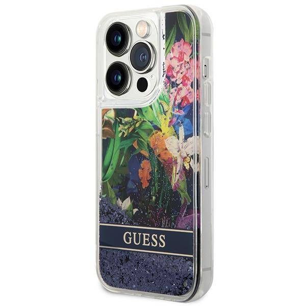 Coque Guess iPhone 14 Pro Max 6,7" blue hardcase Flower Liquid Glitter