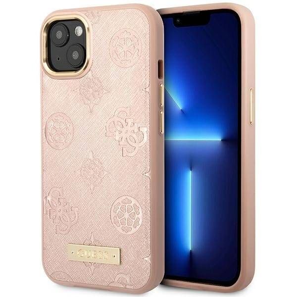 Coque Guess iPhone 14/15/13 6.1" pink hardcase Peony Logo Plate MagSafe