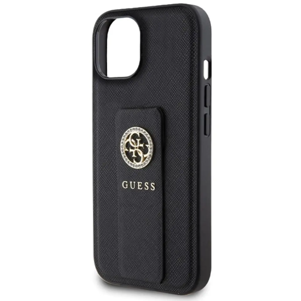 Coque Guess iPhone 15/14/13 6.1" black hardcase Grip Stand 4G Saffiano Strass