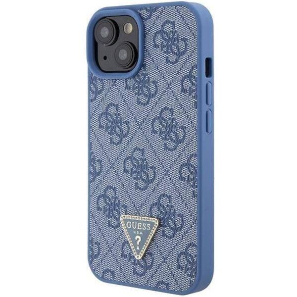 Coque Guess iPhone 15 Blue Hardcase Leather 4G Triangle Strass