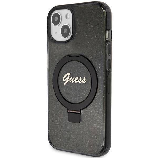 Coque Guess iPhone 15/14/13 6.1" black hardcase Ring Stand Script Glitter MagSafe