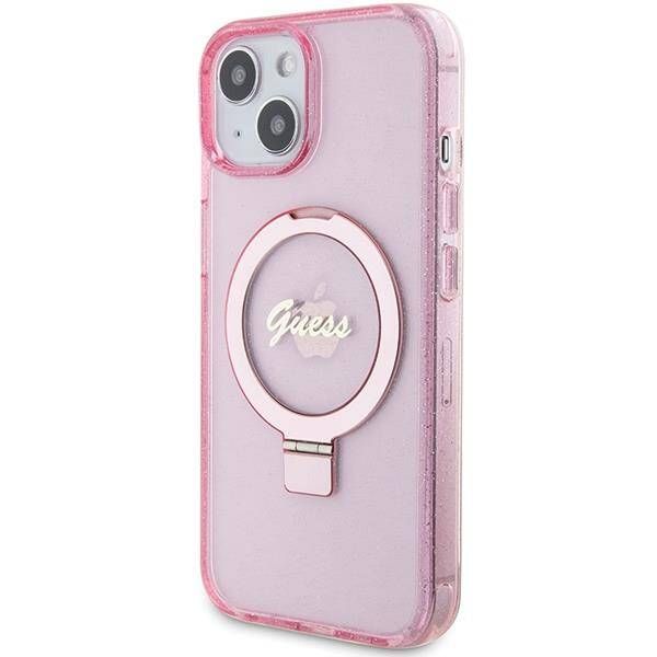 Coque Guess iPhone 15/14/13 6.1" pink hardcase Ring Stand Script Glitter MagSafe