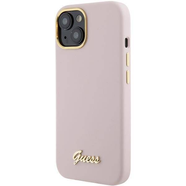 Coque Guess iPhone 15/14/13 6.1" pink hardcase Silicone Script Metal Logo & Frame