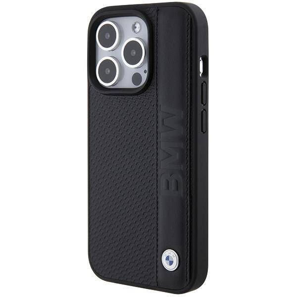 Coque BMW iPhone 15 Pro 6.1" black hardcase Leather Textured & Stripe