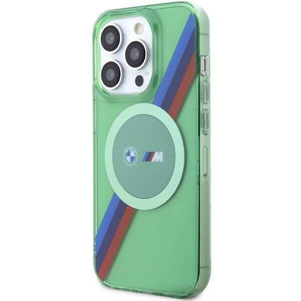 Coque BMW iPhone 15 Pro 6.1" green hardcase M Tricolor Stripes MagSafe