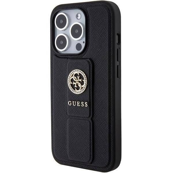 Coque Guess iPhone 15 Pro 6.1" black hardcase Grip Stand 4G Saffiano Strass
