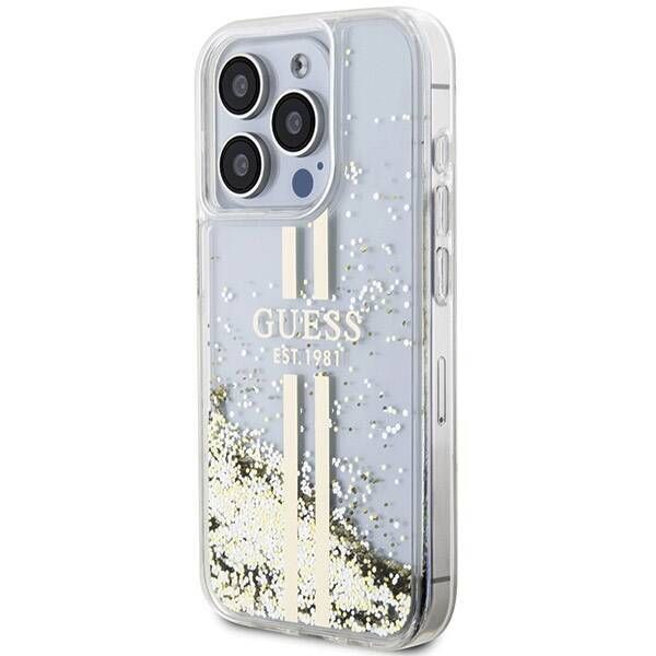 Coque Guess iPhone 15 Pro 6.1" transparent hardcase Liquid Glitter Gold Stripes