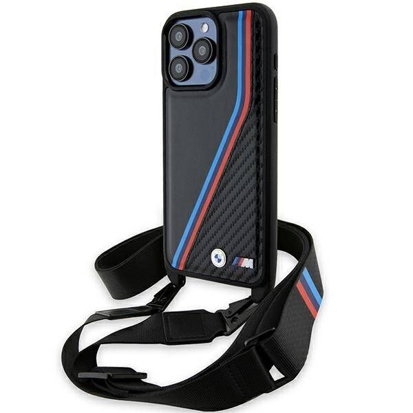 Coque BMW iPhone 15 Pro Max 6.7" black hardcase M Edition Carbon Tricolor Lines & Strap