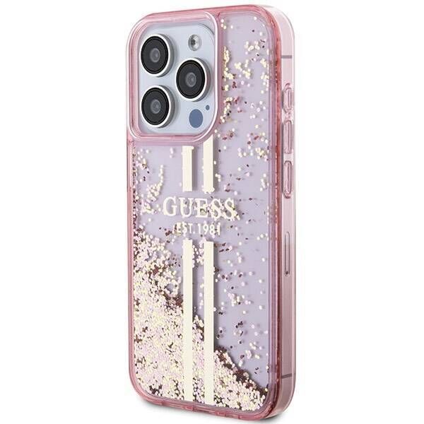 Coque Guess iPhone 15 Pro Max 6.7" pink hardcase Liquid Glitter Gold Stripes