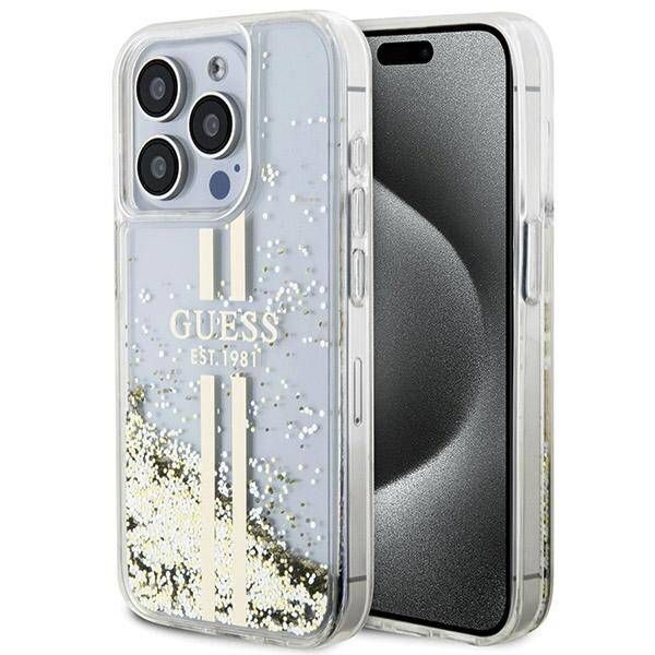 Case Guess iPhone 15 Pro Max 6.7" transparent hardcase Liquid Glitter Gold Stripes