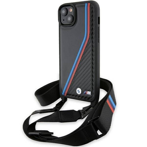 Coque BMW iPhone 15/14/13 black hardcase M Edition Carbon Tricolor Lines & Strap