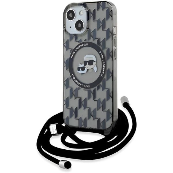 Coque Karl Lagerfeld KLHMP15SHCKCKLCK iPhone 15/14/13 6.1" black hardcase IML Crossbody Monogram Karl & Choupette Head MagSafe