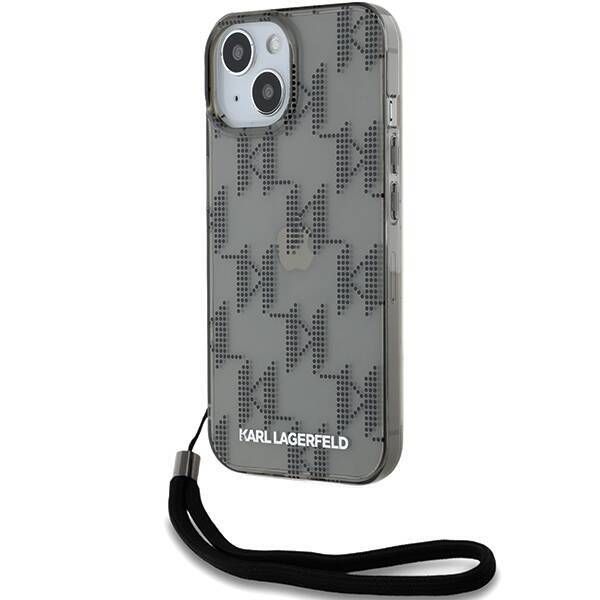Coque Karl Lagerfeld iPhone 15 Black Hardcase IML Mono KL Pattern & Cord