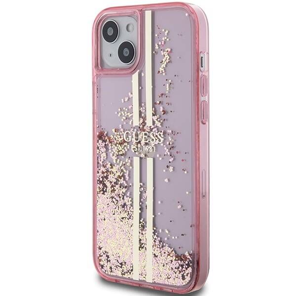Coque Guess iPhone 15 Plus/14 Plus 6.7" pink hardcase Liquid Glitter Gold Stripes