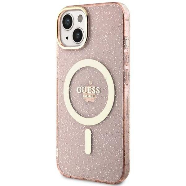 Coque Guess iPhone 14 Plus/15 Plus 6.7" pink hardcase Glitter Gold MagSafe