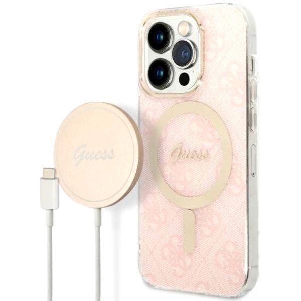 Coque Guess iPhone 14 Pro 6,1" pink hard case 4G Print MagSafe + Chargeur sans fil