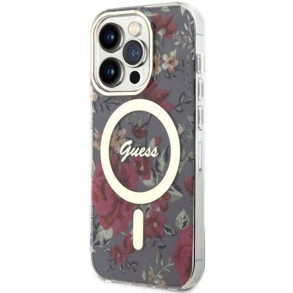 Coque Guess iPhone 14 Pro 6.1" khaki hardcase Flower MagSafe