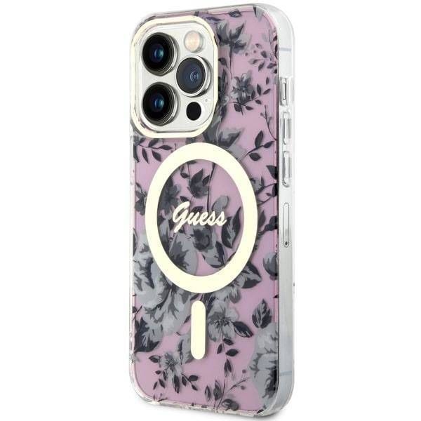 Coque Guess iPhone 14 Pro 6.1" pink hardcase Flower MagSafe