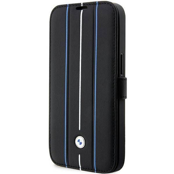 Coque BMW iPhone 14 Pro Max 6,7" black bookcase Leather Stamp Blue Lines