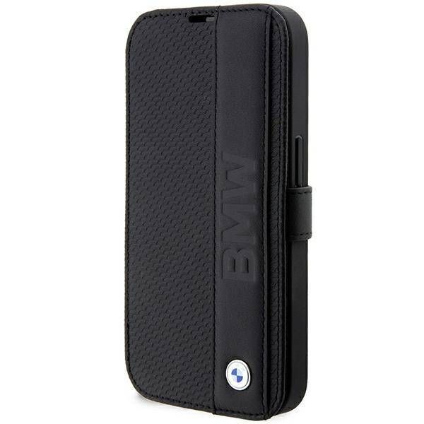Coque BMW iPhone 14 Pro Max 6,7" black bookcase Leather Textured&Stripe