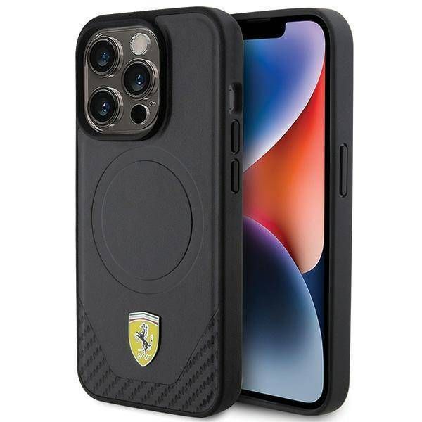 Coque Ferrari iPhone 15 Pro 6.1" black hardcase Carbon Metal Logo MagSafe